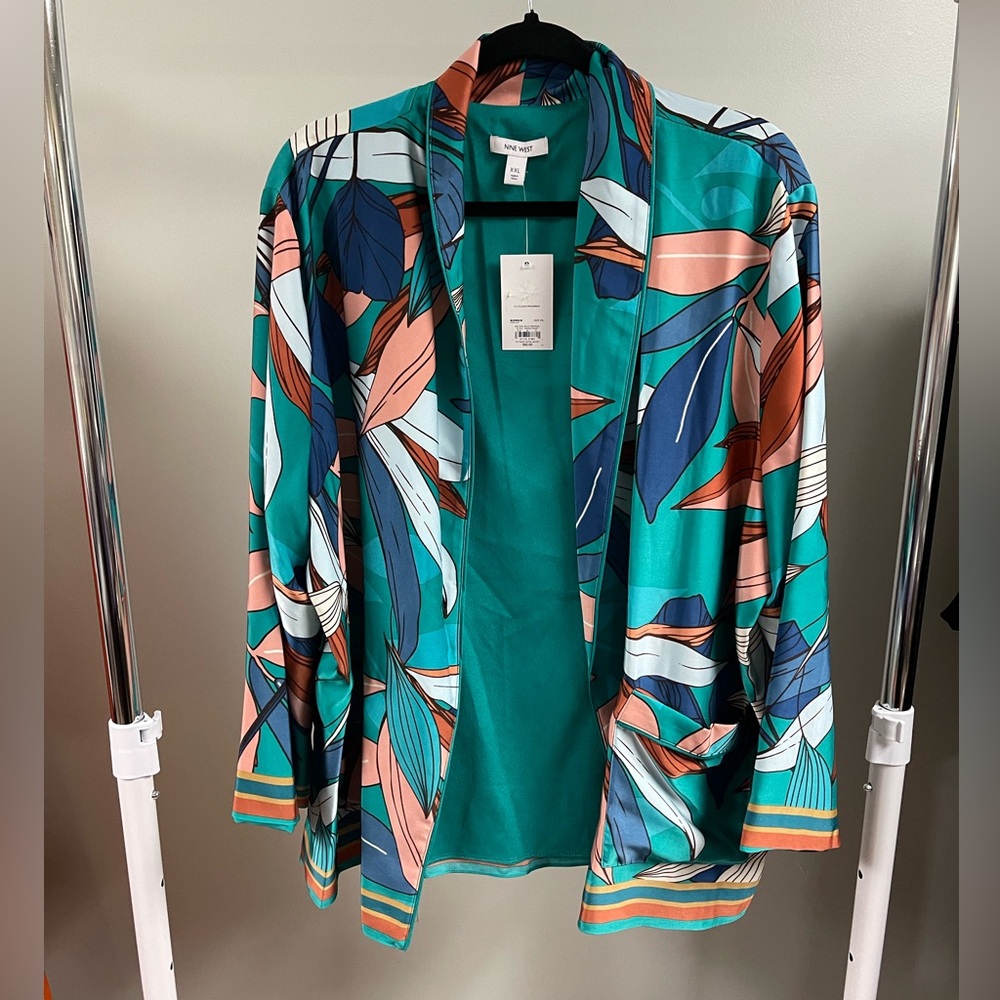 Nine West Womens Floral Blazer Belted Satin Jacket Tropical Resortwear Size 2XL